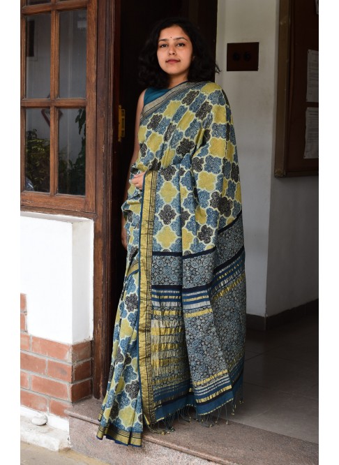 Indigo and Yellow, Handwoven Organic Cotton, Textured Weave , Natural dye, Hand block printed, Occasion Wear, Jari, Ajrakh Saree